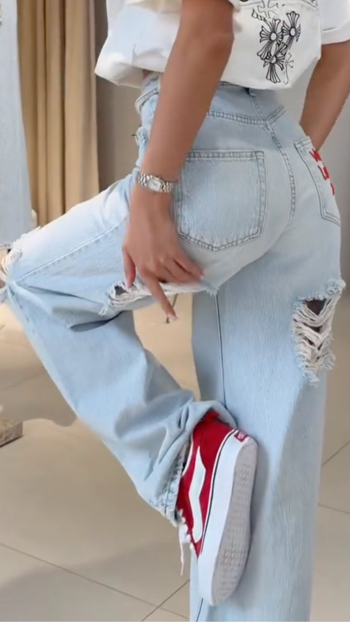 Light Wash Distressed Drawstring Baggy Jeans