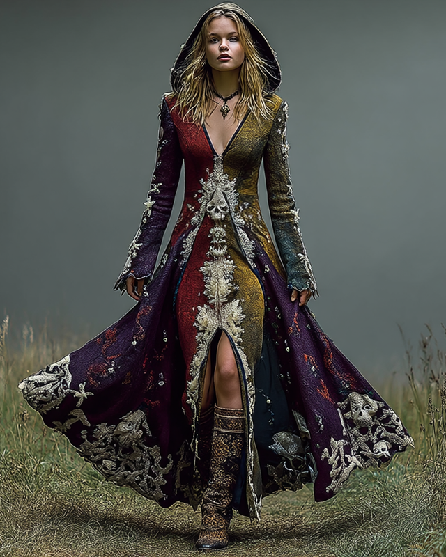 Halloween themed contrasting skull embroidery hooded dress 3ab2