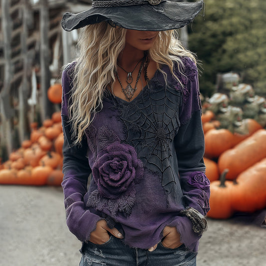Vintage Halloween Black And Purple Rose Art Long Sleeve V Neck Tops