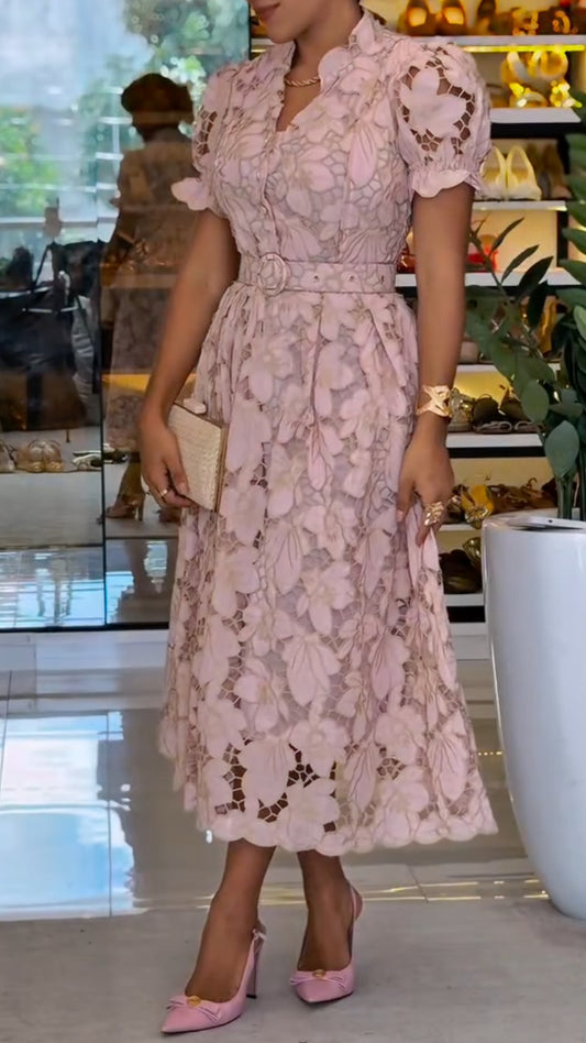 lush Pink 3D Floral Lace Belted Midi Dress