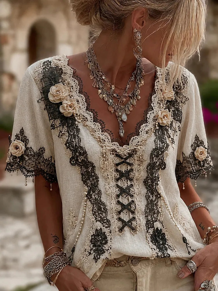 Women's Vintage Halloween Gothic Floral Embroidery Art V-neck Short Sleeve T-shirt
