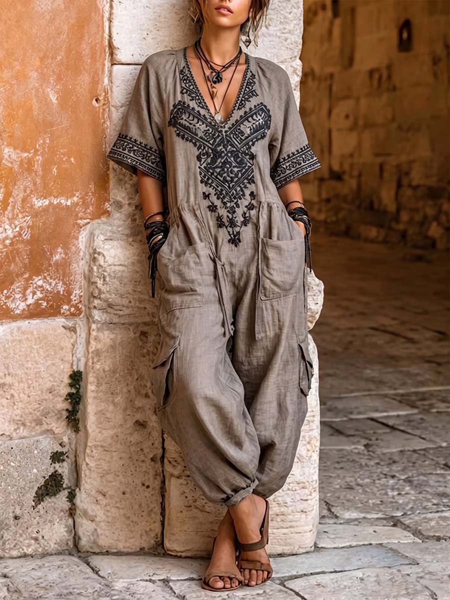 Women's Placement-print V-neck Short-sleeve Casual Loose Cotton-linen Wide-leg Jumpsuit
