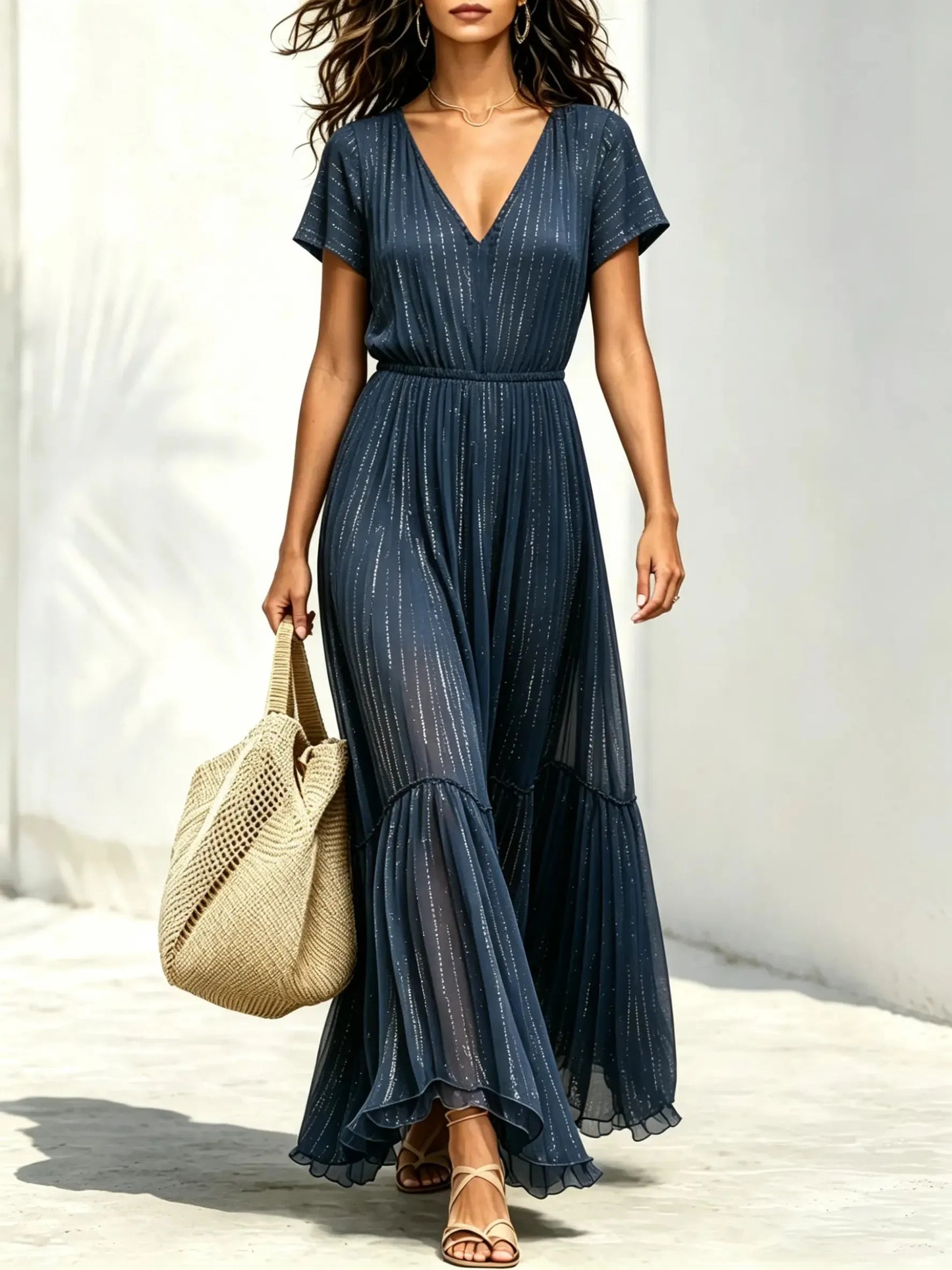 Women's Sparkly Stripe Tiered Pleated Maxi Dress