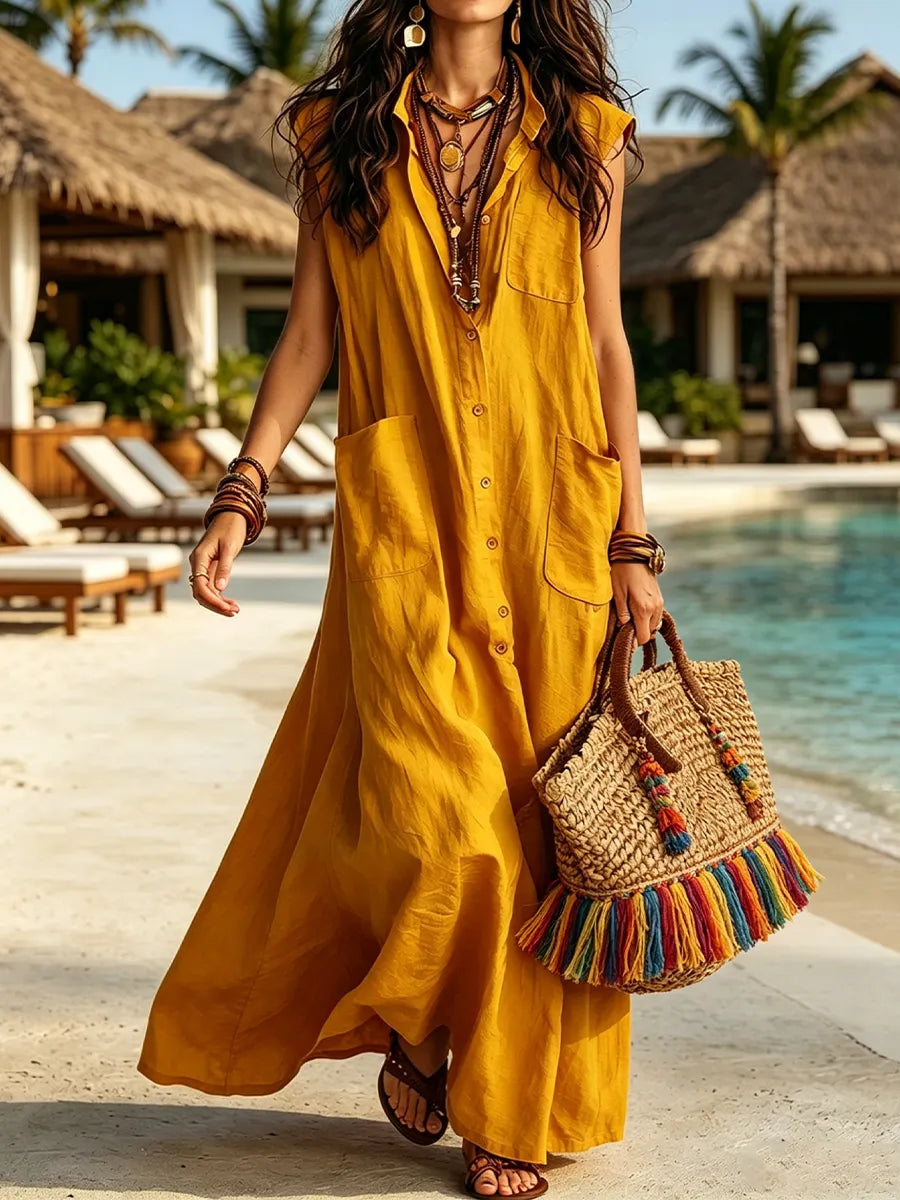 Collared, Sleeveless, Full-button, Loose-fit Long Shirt Dress