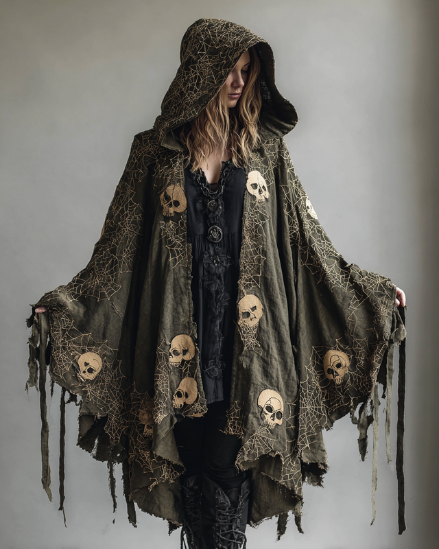 Women's Elegant Halloween Skull Contrast Cape Dress a155