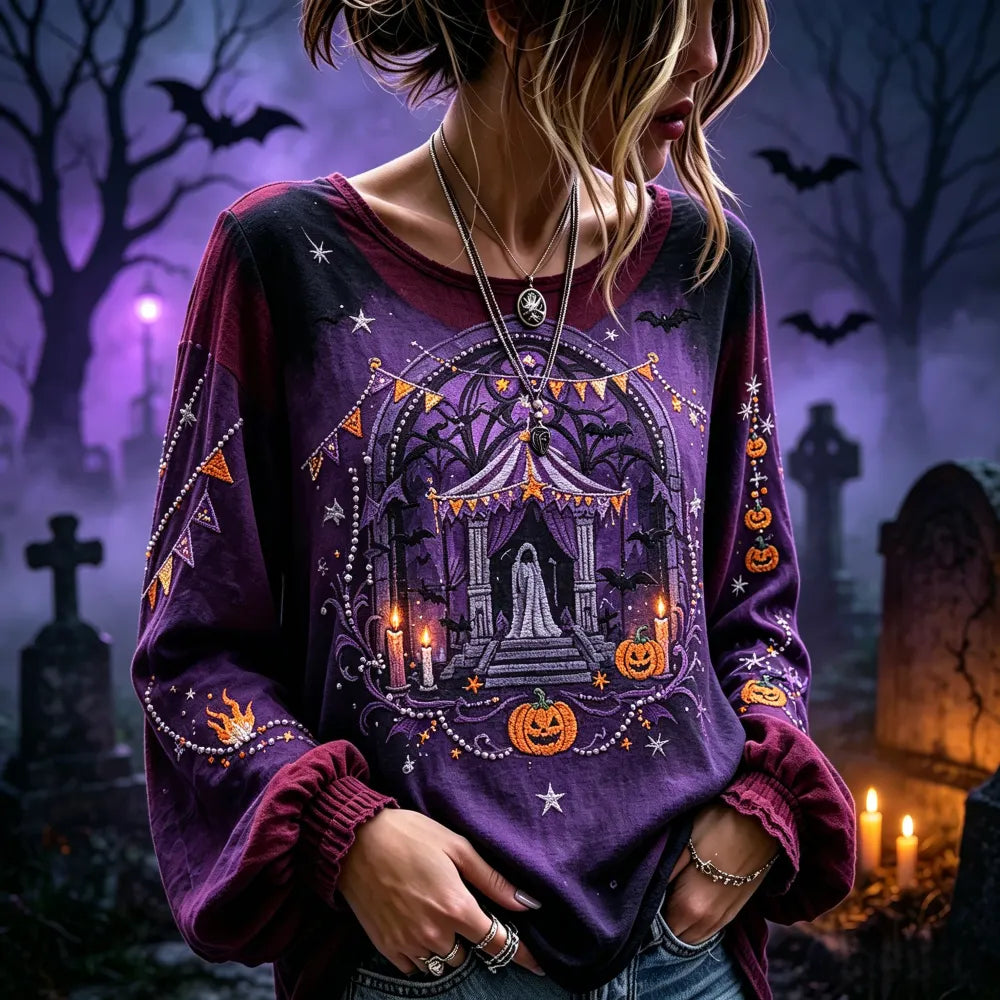Women's Halloween Circus Tent And Pumpkin Pattern Ruffled Sleeve Blouse