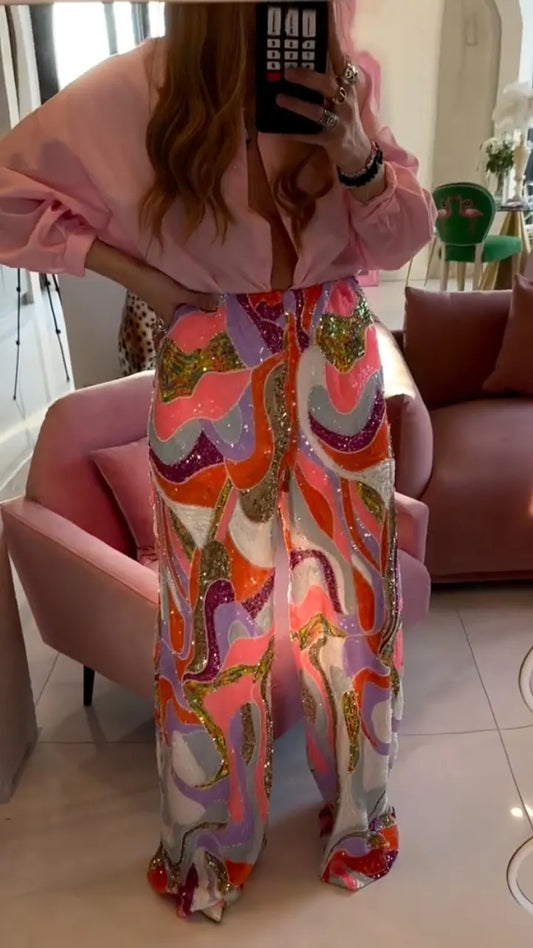 Women's Shirt & Colorful Sequin Trousers Set