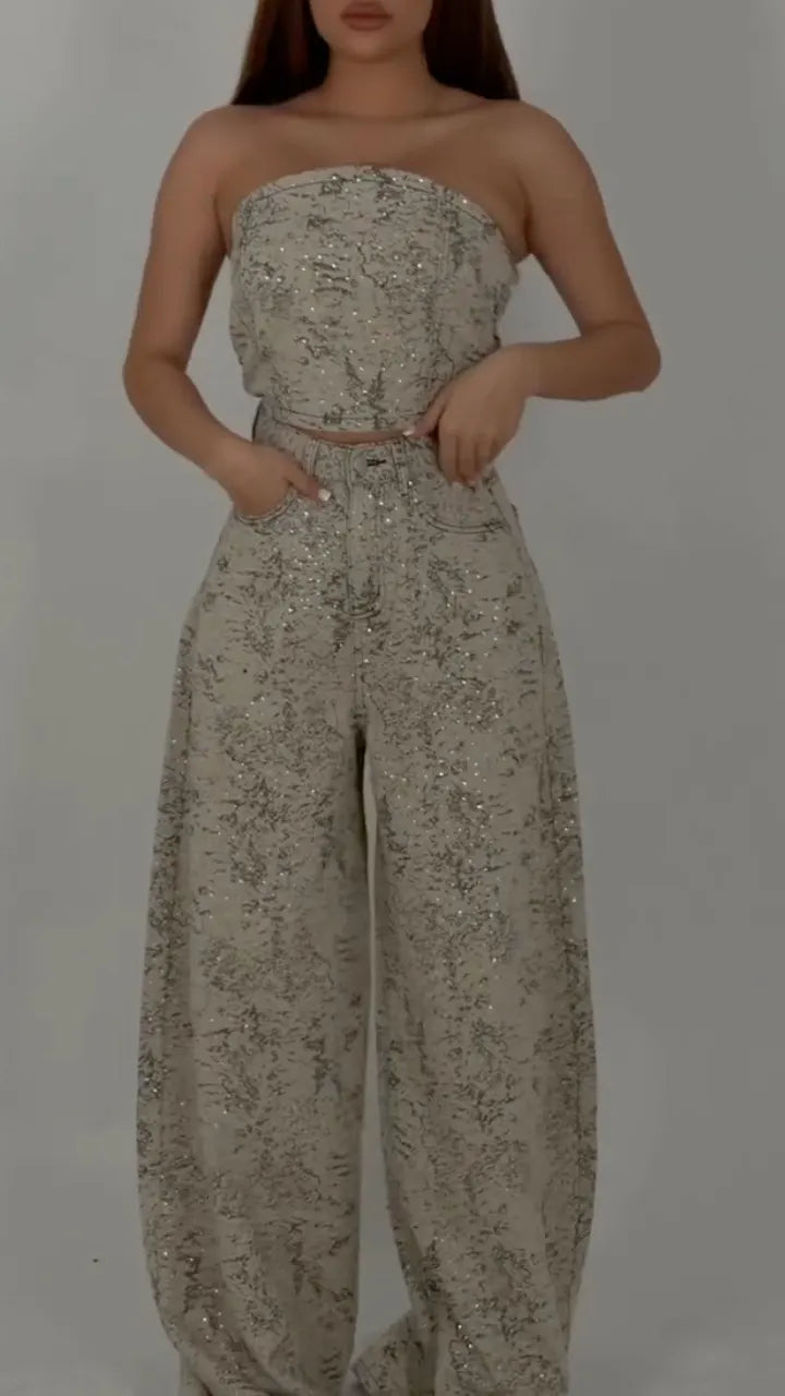 Vintage Sparkle Printed Denim Strapless Two Piece Set