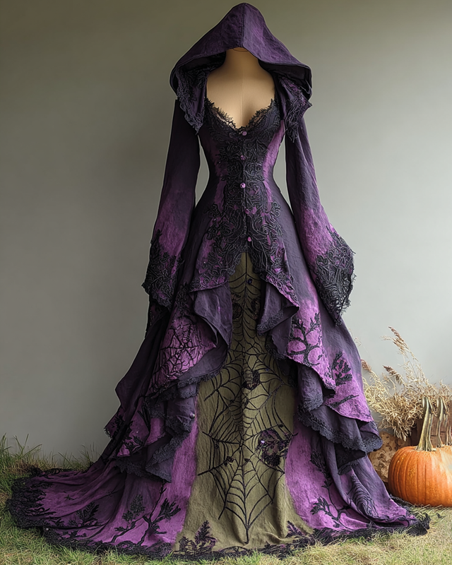 Halloween Themed Irregular Gradient Spiderweb Embroidered Hooded Dress 1db4
