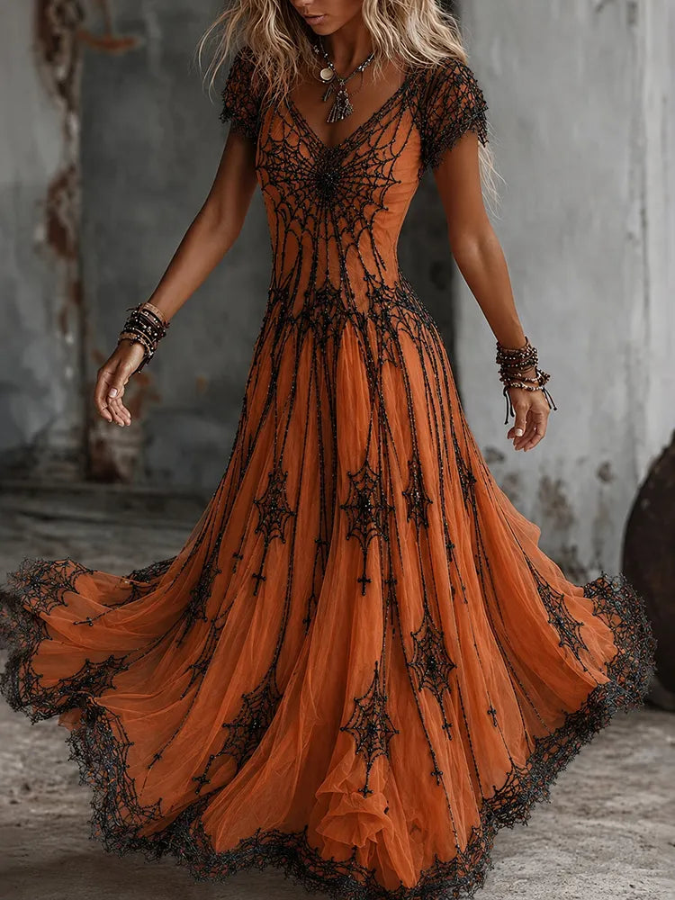 Women's Retro Gothic Spiderweb Lace Print Short-sleeve Mixi Dress