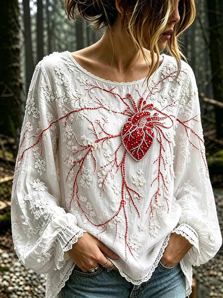 Women's Vintage Floral With Heart Anatomy Rhinestones Art Long Sleeve T-shirt