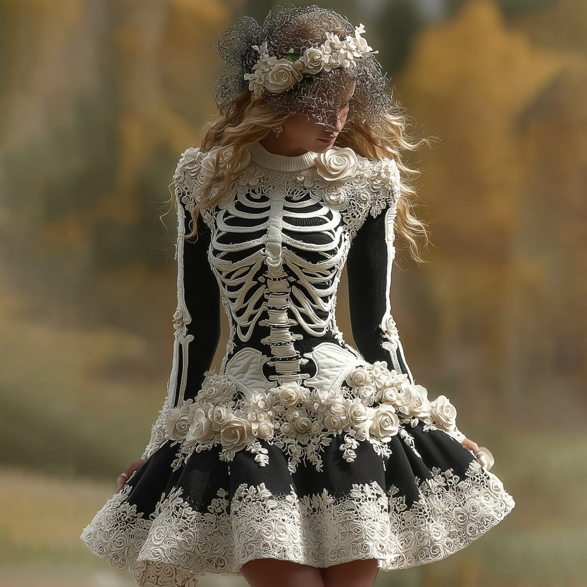 Women's Halloween Skeleton Bones With Rose Art Cozy Knit Mini Sweater Dress