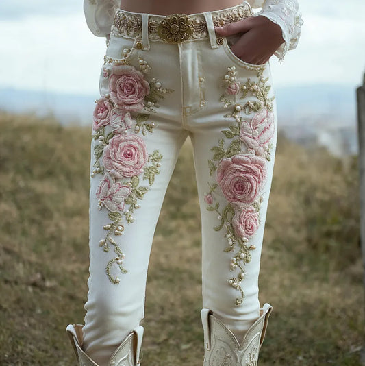 Bohemian Style Pink Rose Embroidery Pattern Women's Skinny Jeans