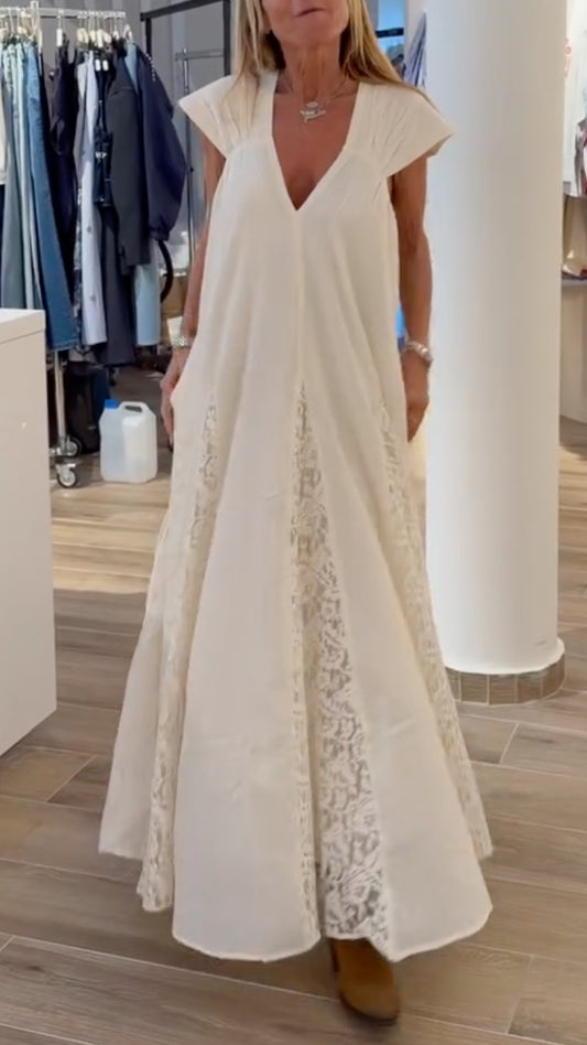 White Lace V Neck Panel Maxi Dress