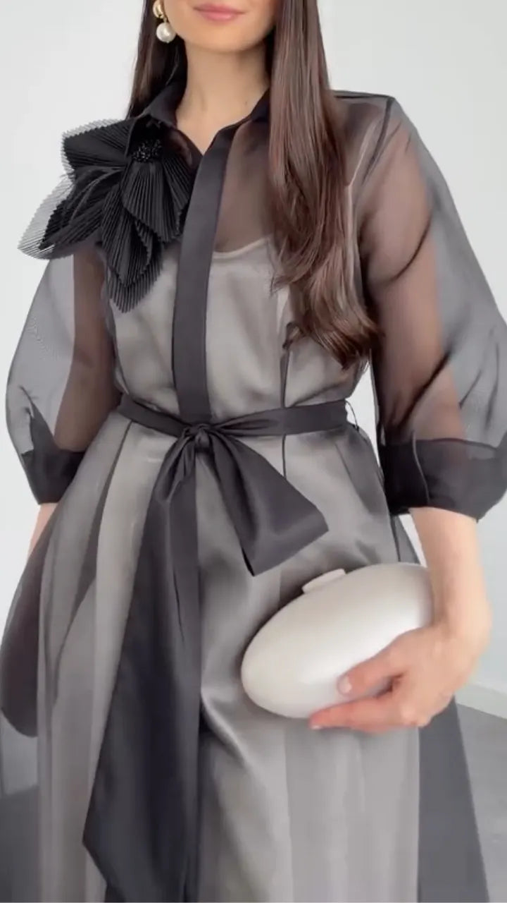 Women's Organza Midi Dress Set With Bow Detail