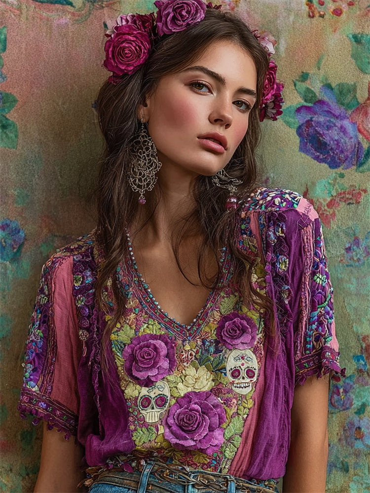 Mexican Sugar Skulls Ethnic Floral Embroidered Contrast Linen Tunic