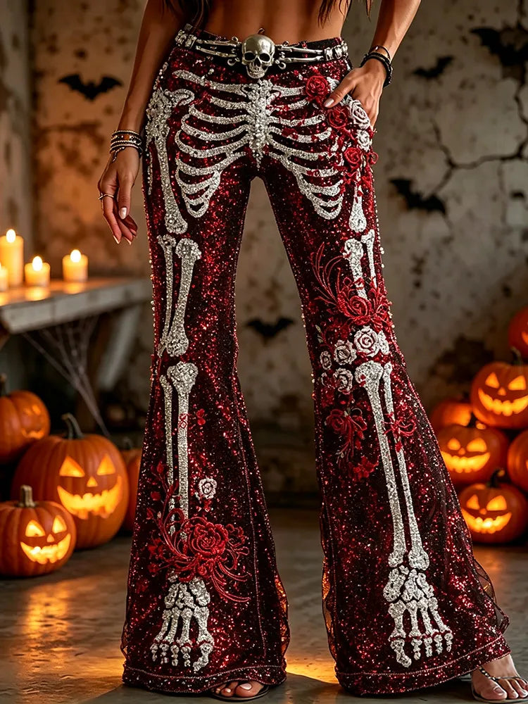 Women's Retro Skull Floral Sequin Pants