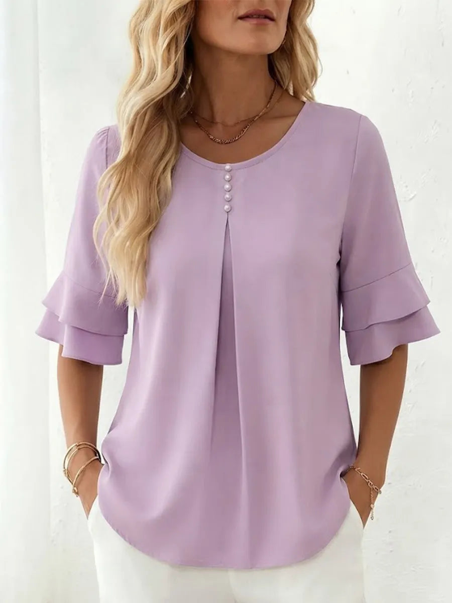 Loose-fit, Slimming Short-sleeved Shirt With Double-layer Ruffles