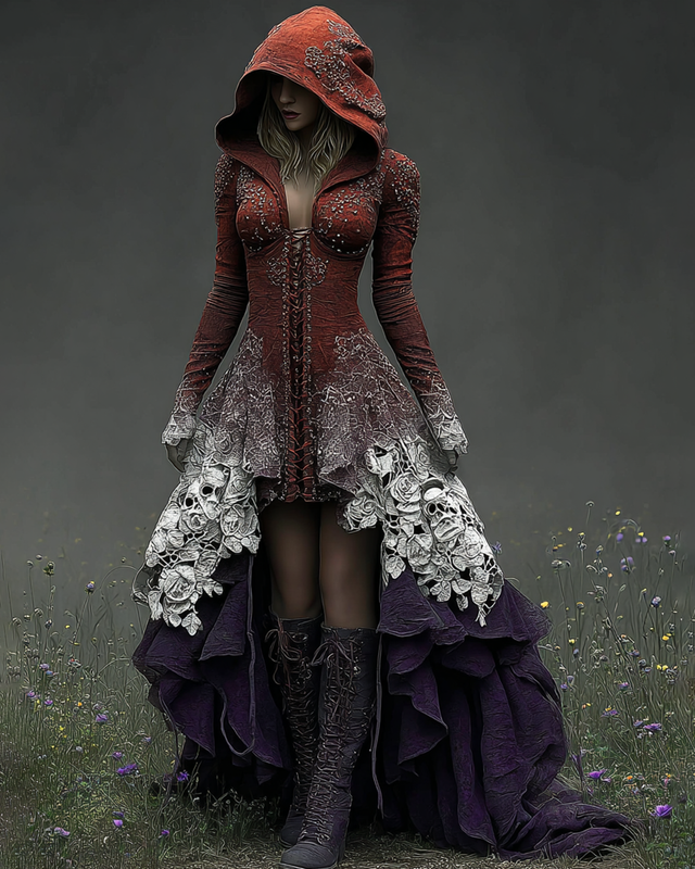 Halloween Themed Irregular Contrast Color Lace Hooded Dress 9045