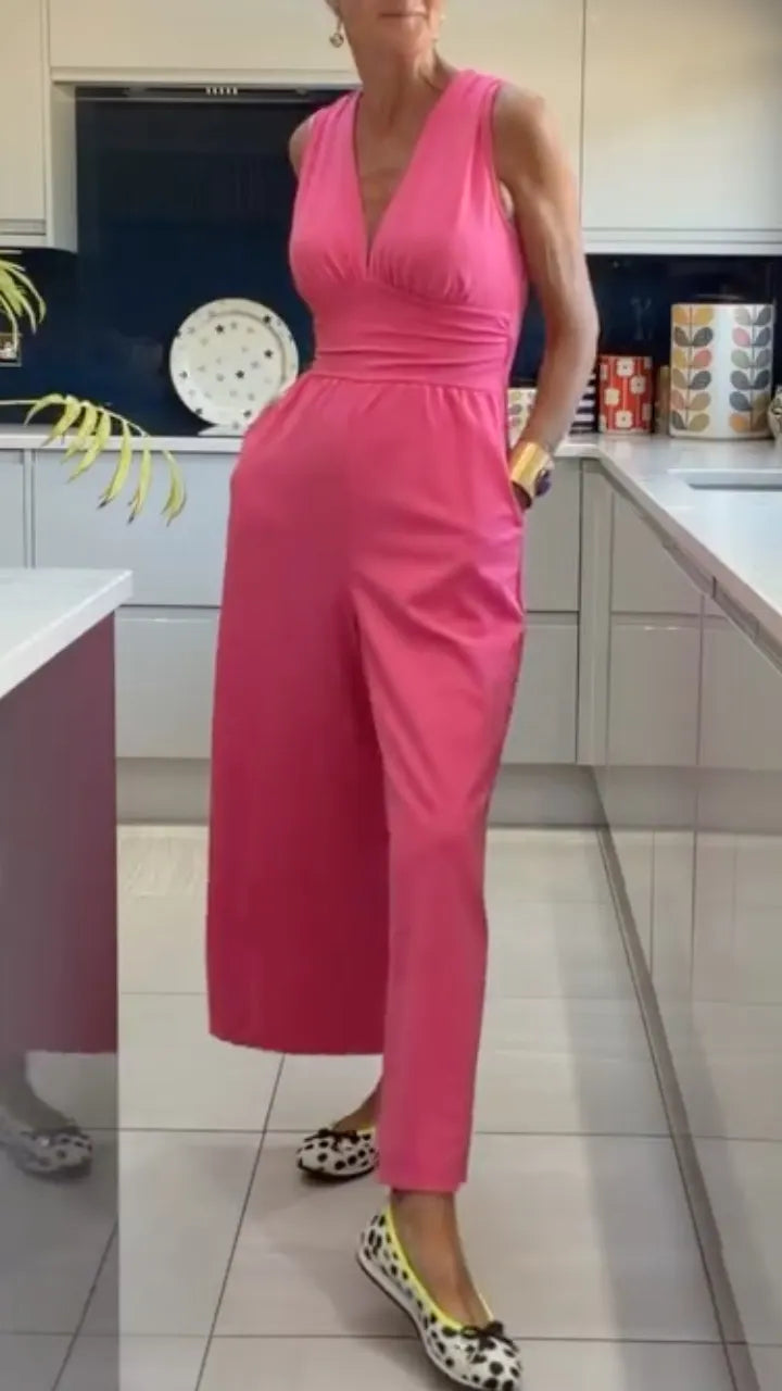 Sleeveless Deep V Cropped Wide Leg Jumpsuit
