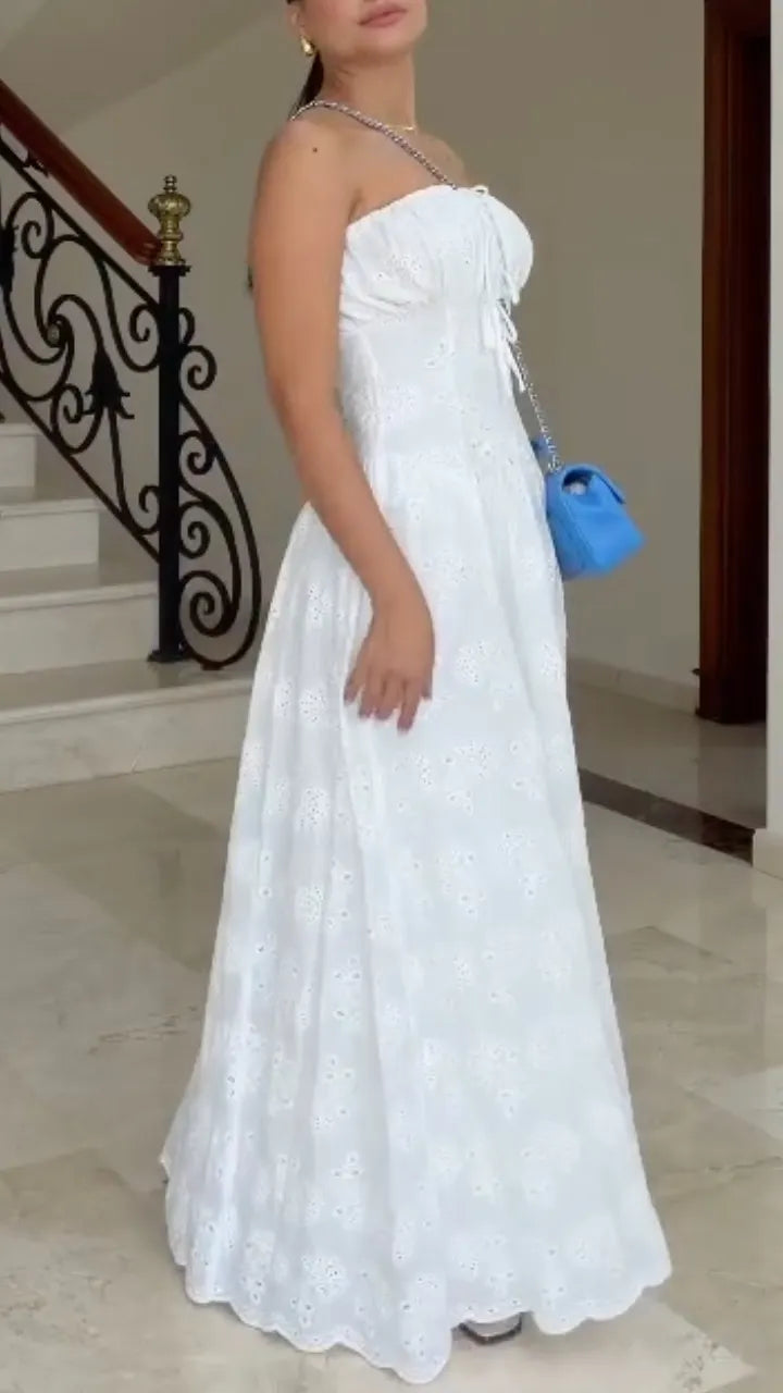 White Strapless Eyelet Embroidered Maxi Dress
