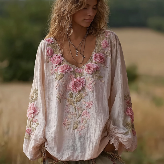 Bohemian Retro Style Plant Flower Design Women's Linen Long-sleeve Top