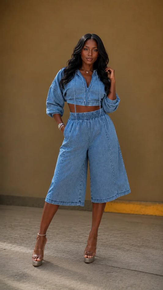 Denim Hooded Crop Top & Wide Leg Bermuda Shorts Two Piece Set