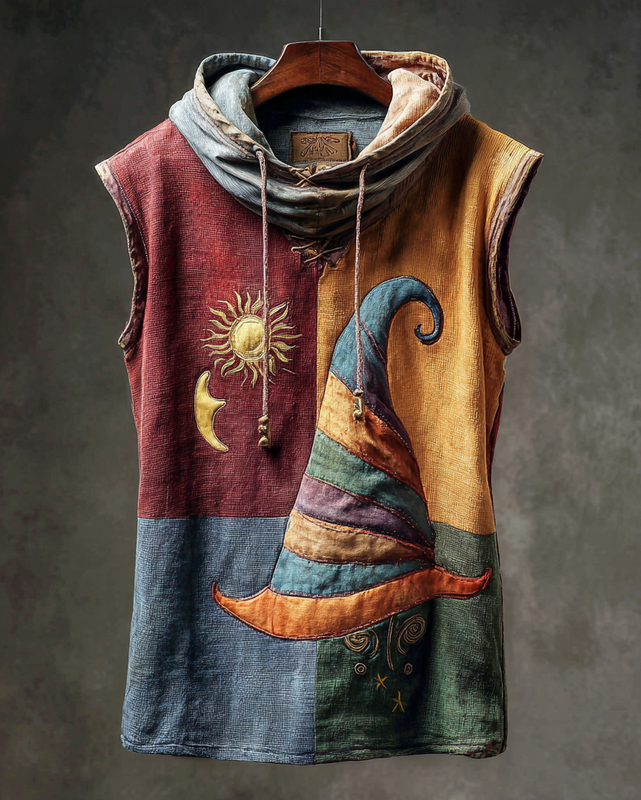 Men's Summer Vacation Star Moon Wizard Hat Embroidery Stitching Hooded Sleeveless Top efc2