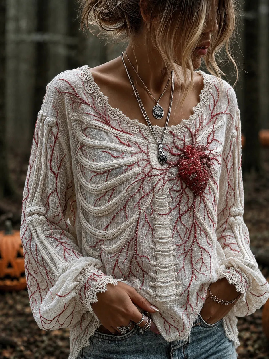 Women's Vintage Skeleton Heart Rhinestones Art Long Sleeve T-shirt