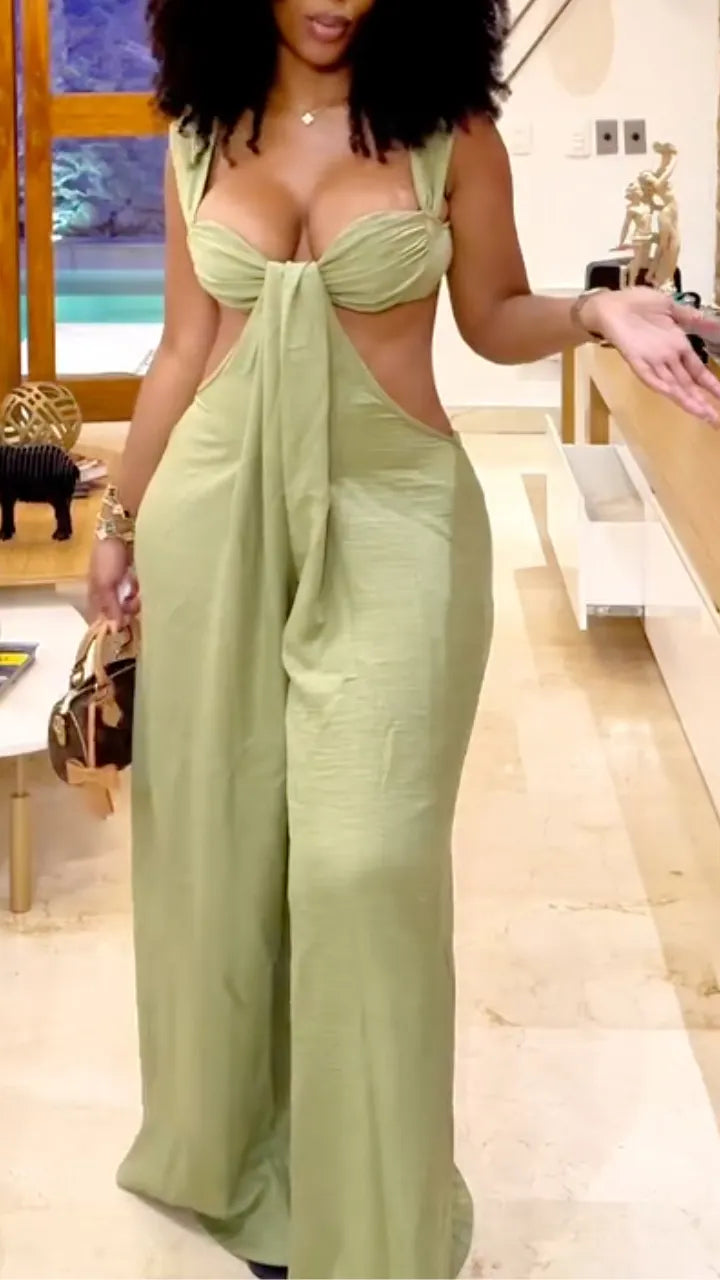 Halter Neck Front Tie Cutout Wide Leg Jumpsuit