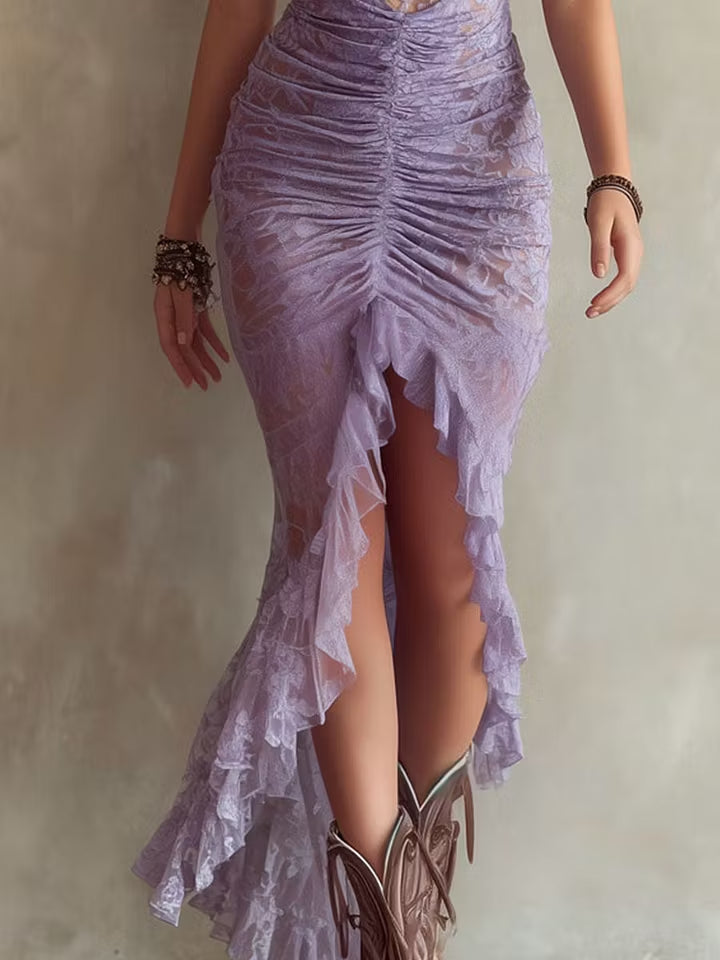 Boho Romantic Lavender Lace Ruched Gown Dress