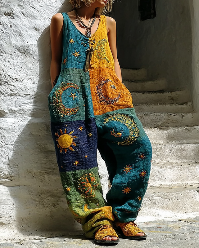 Women's Summer Vacation Floral Embroidered Linen Patchwork Overalls f414