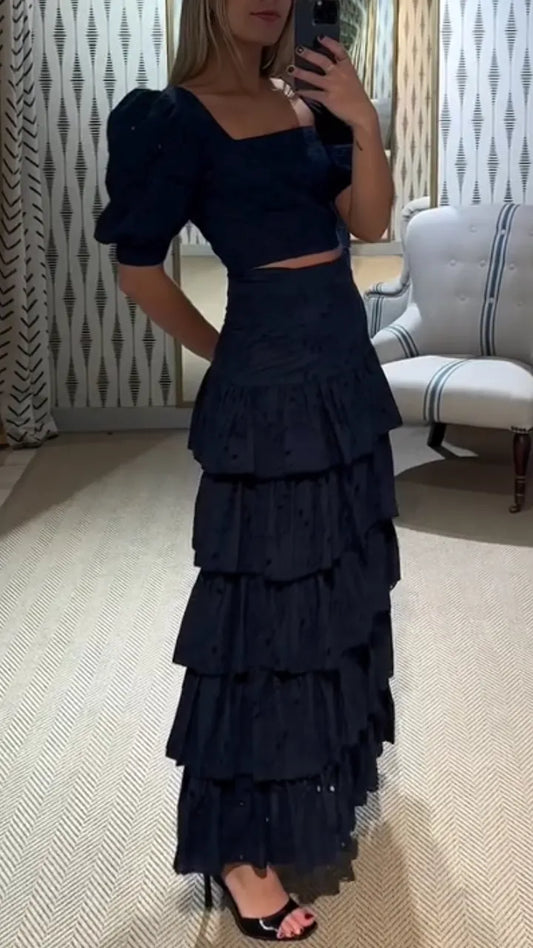 Eyelet Puff-Sleeve Crop Top & Tiered Maxi Skirt Set