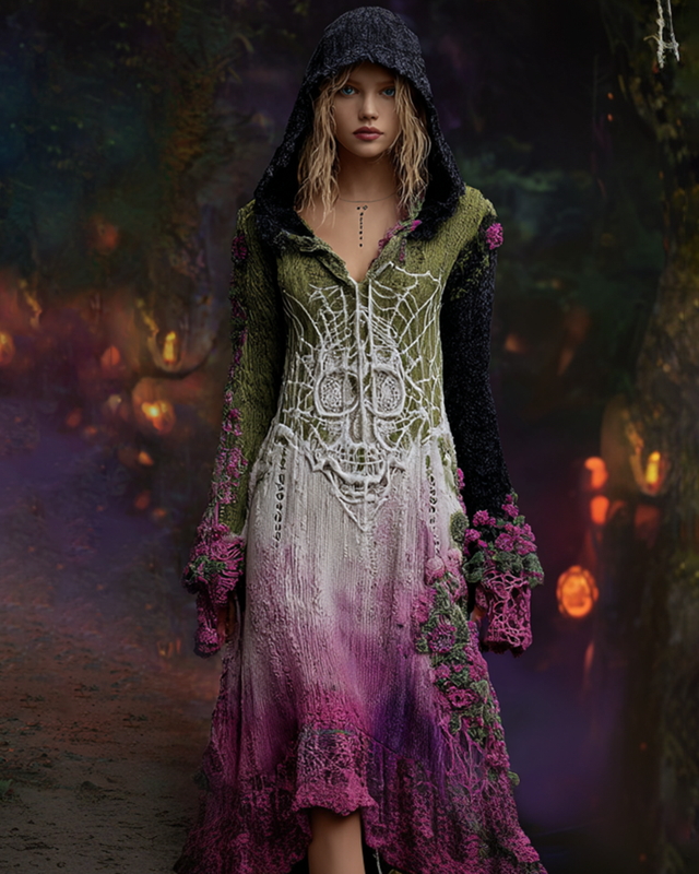 Halloween themed gradient irregular skull floral crochet knitted hooded dress 4980