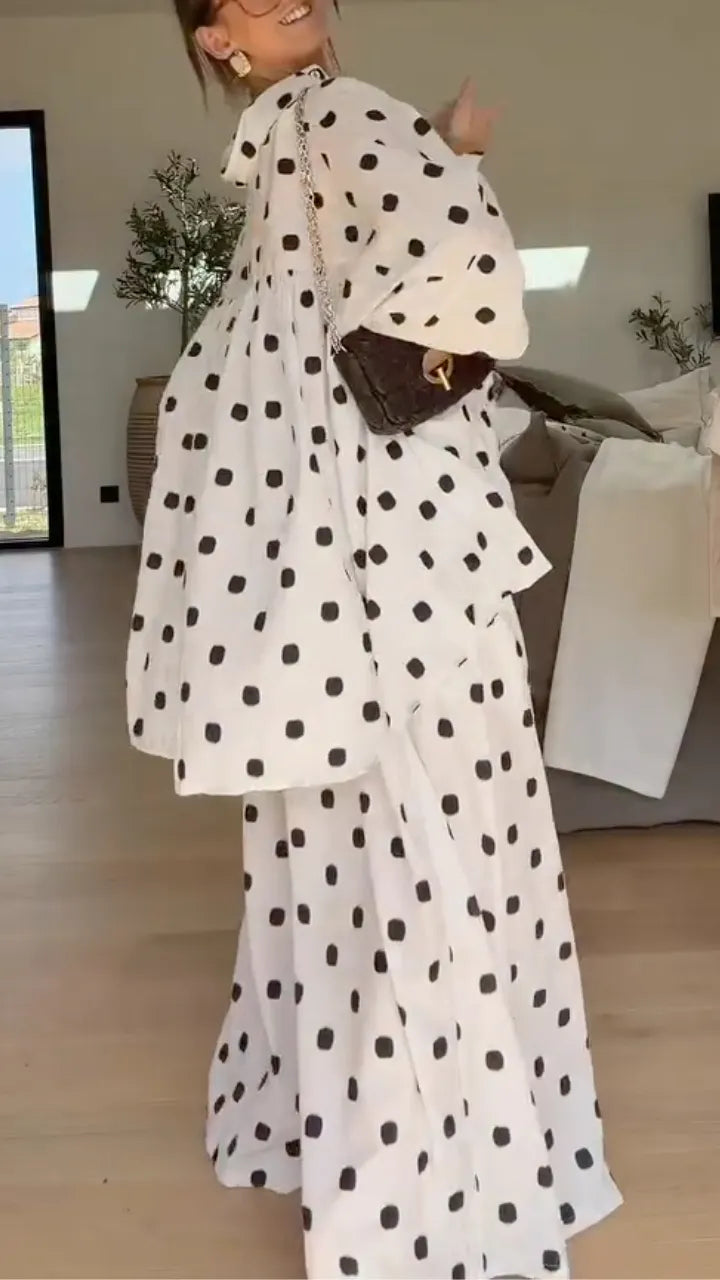 Polka Dot Oversized Blouse & Wide Leg Pants Set