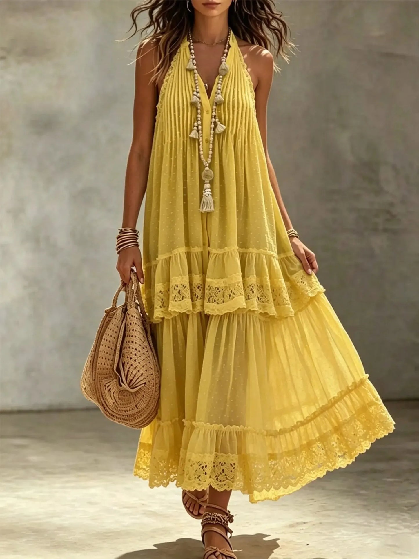 Women's Solid Dobby Dot Hollow Lace Halter Tiered Cake Vacation Maxi Dress