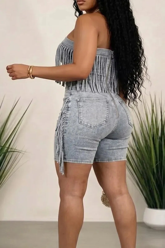 Acid Wash Strapless Fringe Denim Biker Short Jumpsuit
