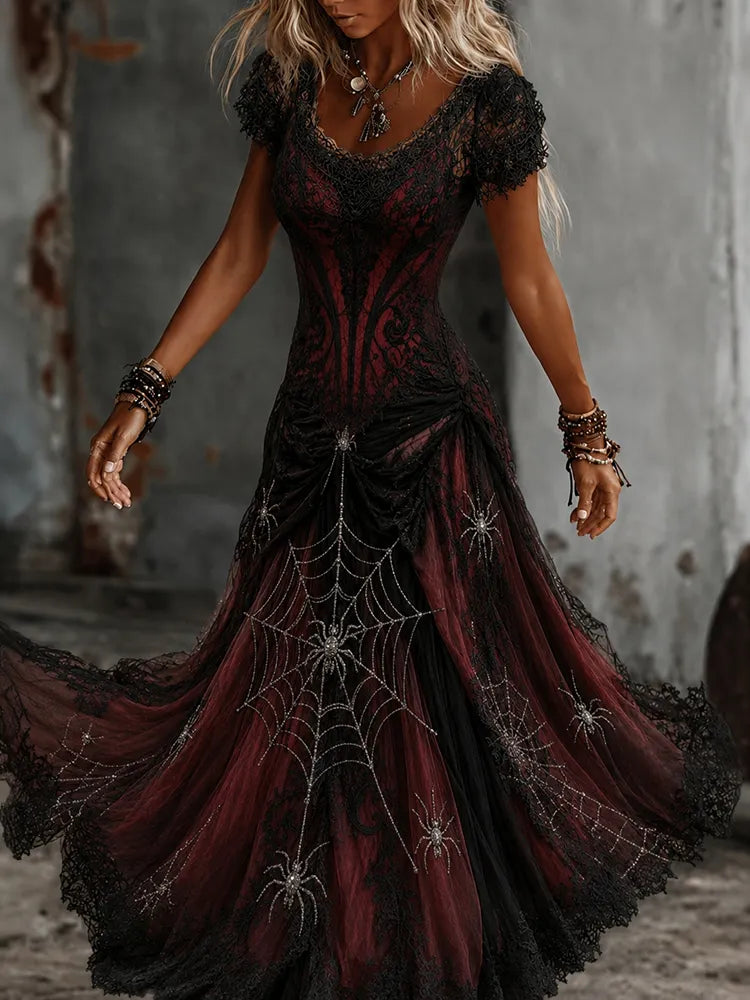 Women's Vintage Spider Web Art V-neck Short Sleeve Maxi Dress