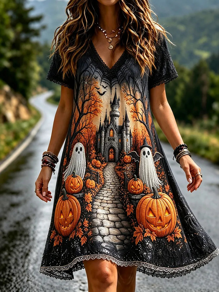 Women's Vintage Halloween Pattern Art Pattern V-neck Midi Dress