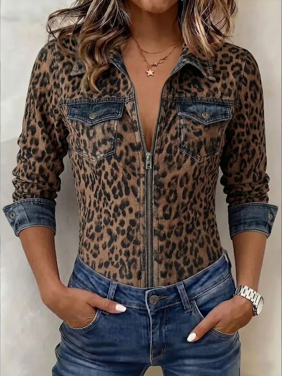 Stylish Casual Denim Zip-up Shirt With Leopard Print Panels