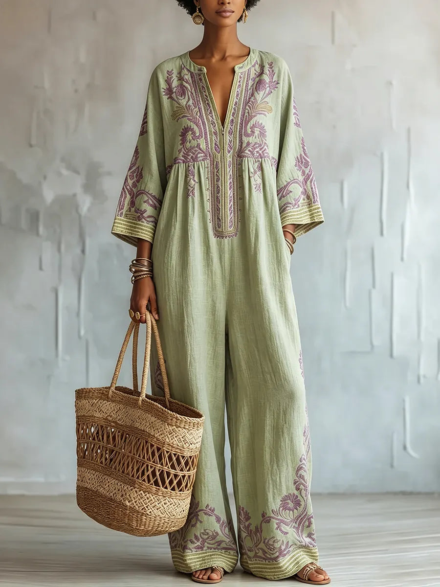 Boho-chic Sage Green Cotton-linen Jumpsuit