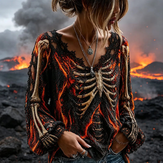 Women's Retro Halloween Witch Flame And Human Skeleton Art Pattern Casual V-neck T-shirt