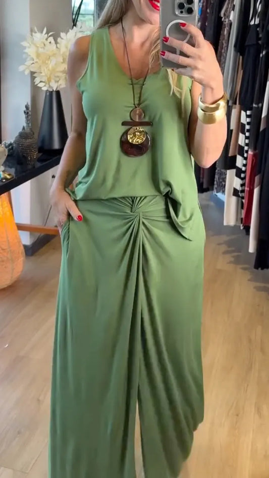 Sleeveless Tank Top & Twist Front Wide Leg Pants Two Piece Set