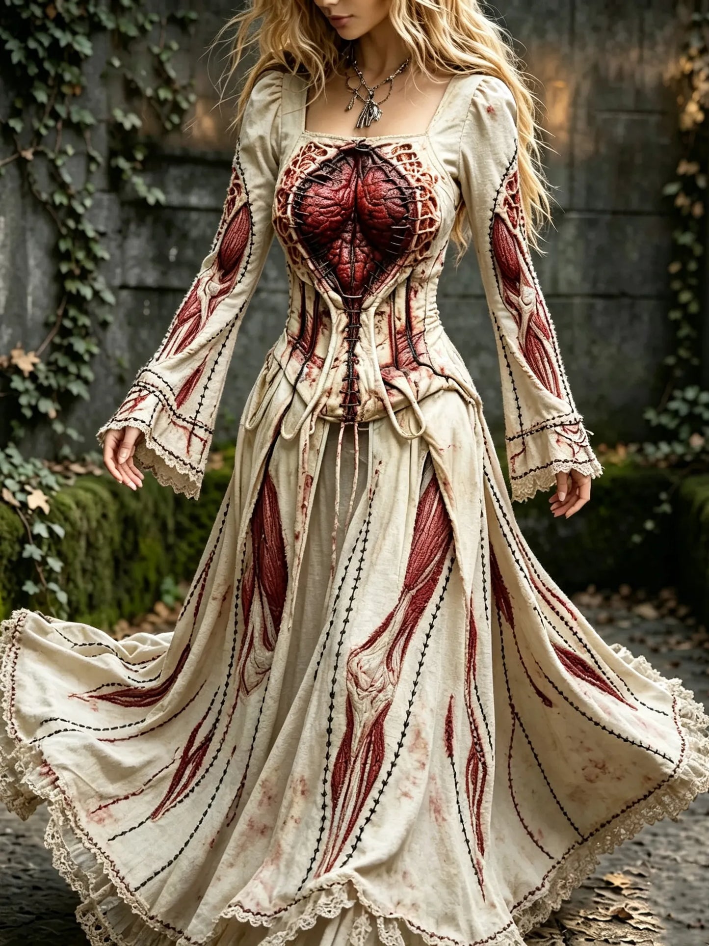 Women's Retro Human Body Structure Halloween Pattern Casual Long-sleeved Dress