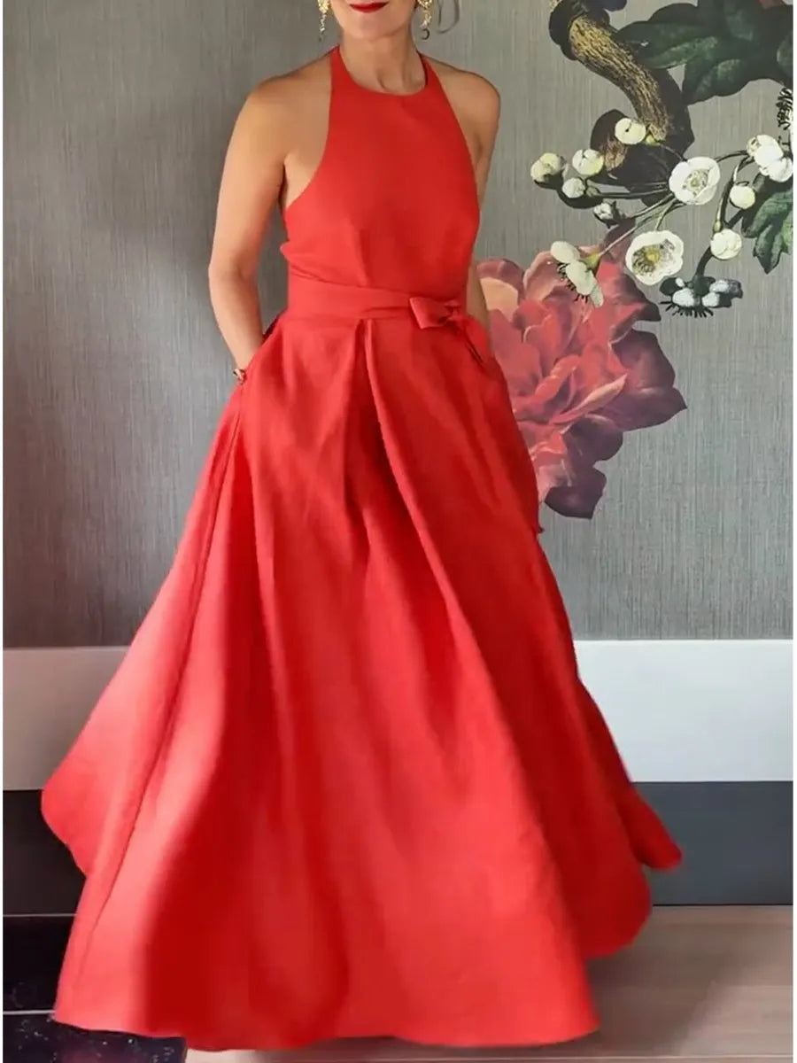 Stylish Red Halter-neck Cotton A-line Dress With Open Back