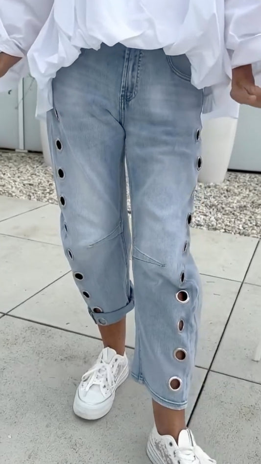 Oversized V‑Neck Shirt & Eyelet‑Detail Cropped Jeans Co‑Ord Set