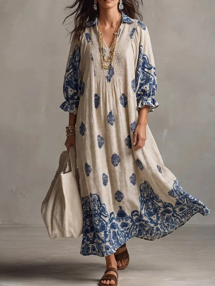Vintage Art Comfortable Fabrics Cotton Linen Patterned Print Dress