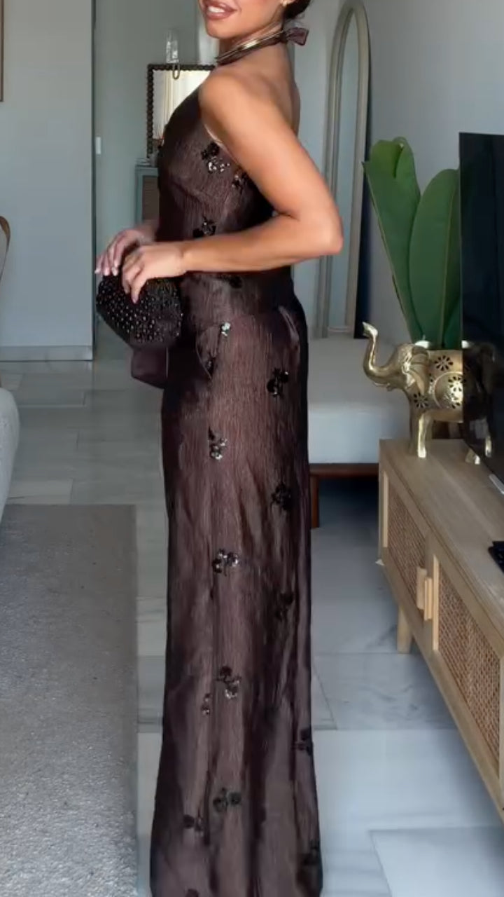 Satin Halter Top & Floral Sequin Wide Leg Pants Co‑Ord Set