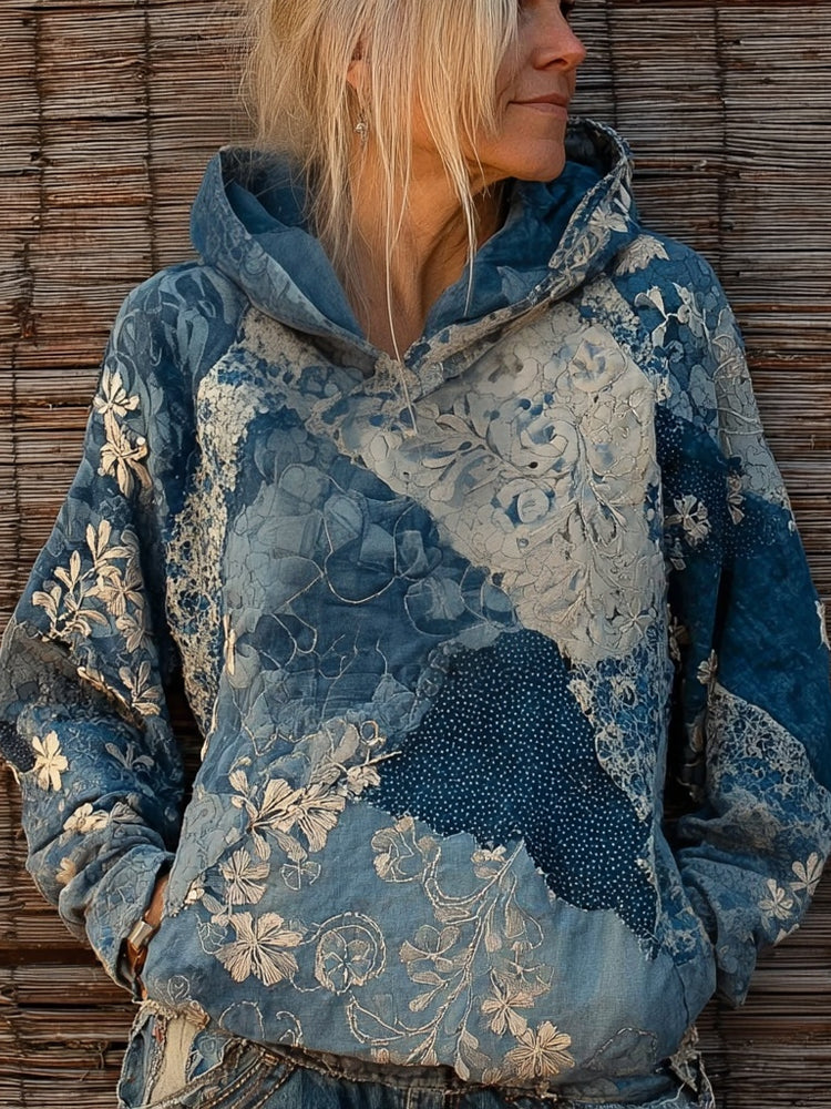 Vintage Boho Floral Embroidered Patchwork Comfy Hoodie