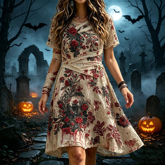 Women's Retro Halloween Floral Bloodstain Pattern Dress
